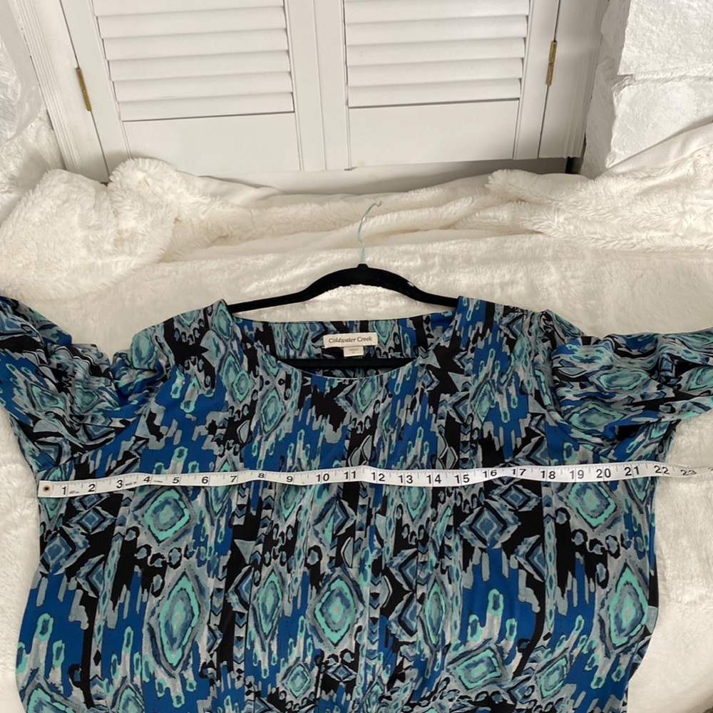 Cold water Creek tunic top mblue black gray seafoam green print front opening - Picture 8 of 9